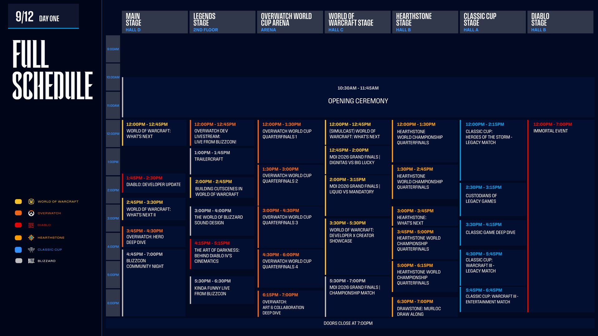 Official BlizzCon 2026 schedule for day one, September 12: the Main Stage lists "Diablo: Developer Update" from 1:45 to 2:30 p.m. PT, the Legends Stage lists "The Art of Darkness: Behind Diablo IV's Cinematics" from 4:15 to 5:15 p.m. PT