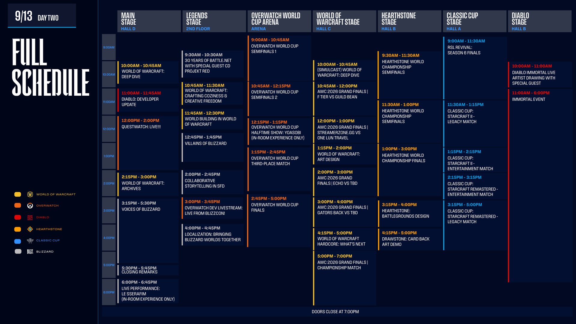 Official BlizzCon 2026 schedule for day two, September 13: the Main Stage lists the Diablo panel from 11:00 to 11:45 a.m. PT, the Legends Stage lists "30 Years of Battle.net with Special Guest CD Projekt Red" from 9:30 a.m. PT