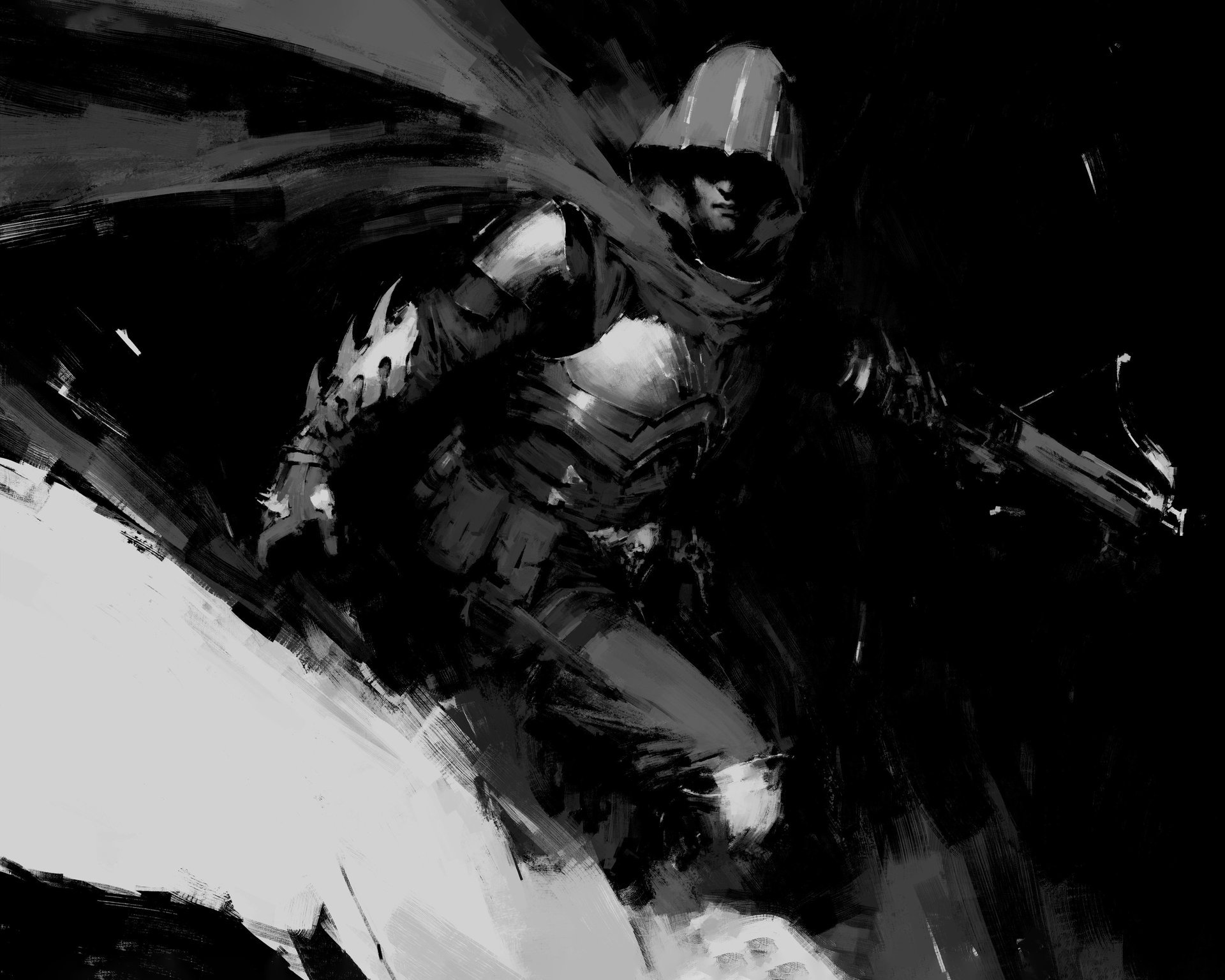 Diablo V Demon Hunter: sketch of a hooded fighter with a breastplate and a crossbow in each hand