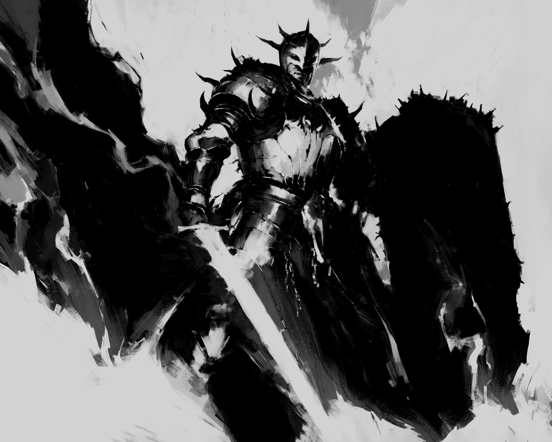 Diablo V Plague Knight: sketch of a knight in spiked full plate with a greatsword and a tattered cloak