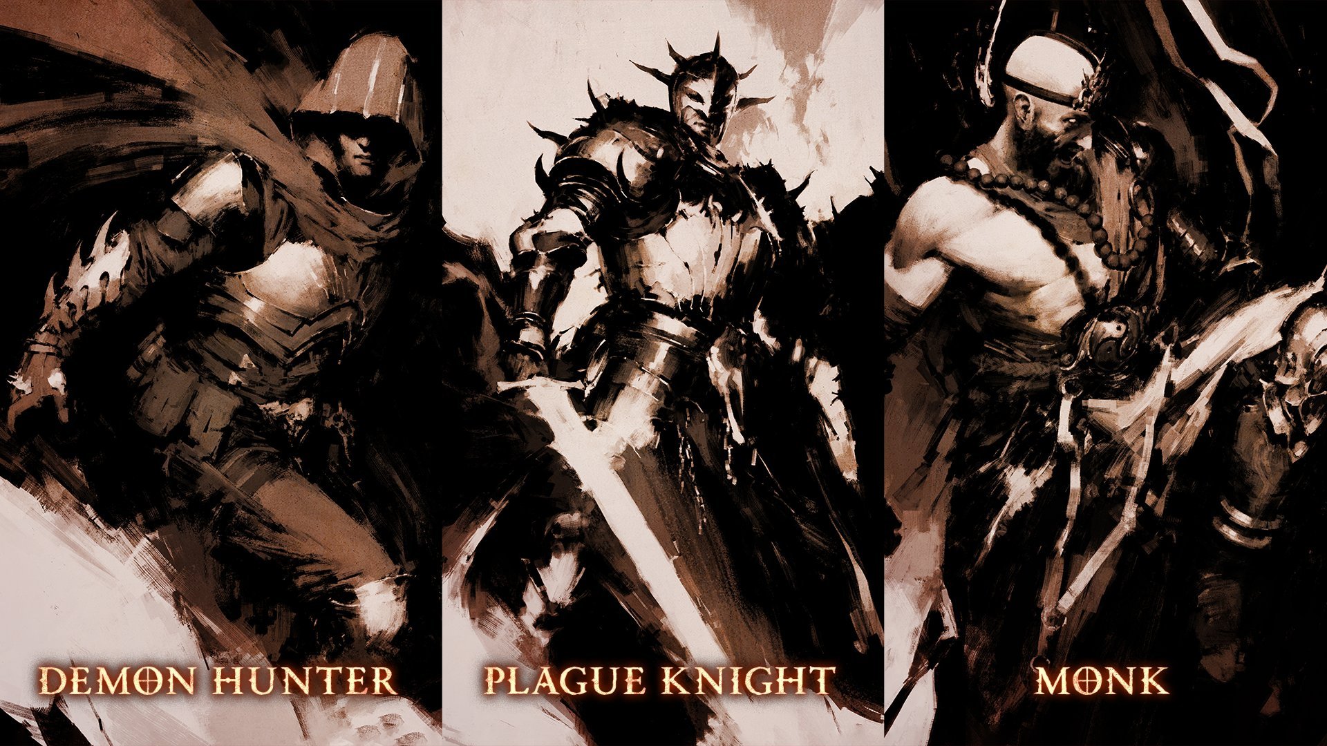 The first three Diablo V classes as sketches: hooded Demon Hunter, Plague Knight in spiked armor with a greatsword, and Monk with prayer beads