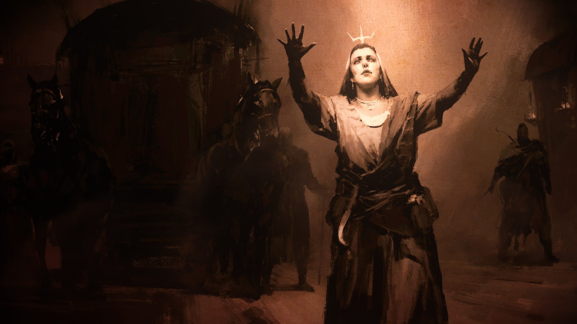 Diablo V concept art: a robed woman with a glowing halo above her head raises her hands, wagons and horses behind her