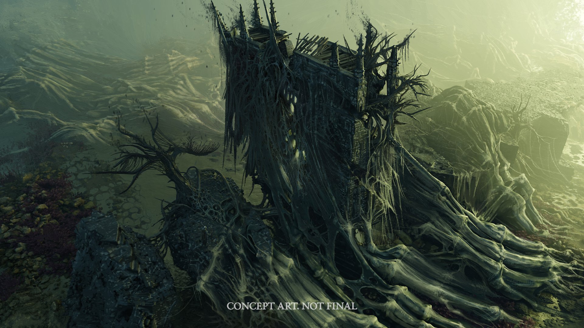 Diablo V concept art: a tower overgrown with grey tendrils and bone in a blighted landscape