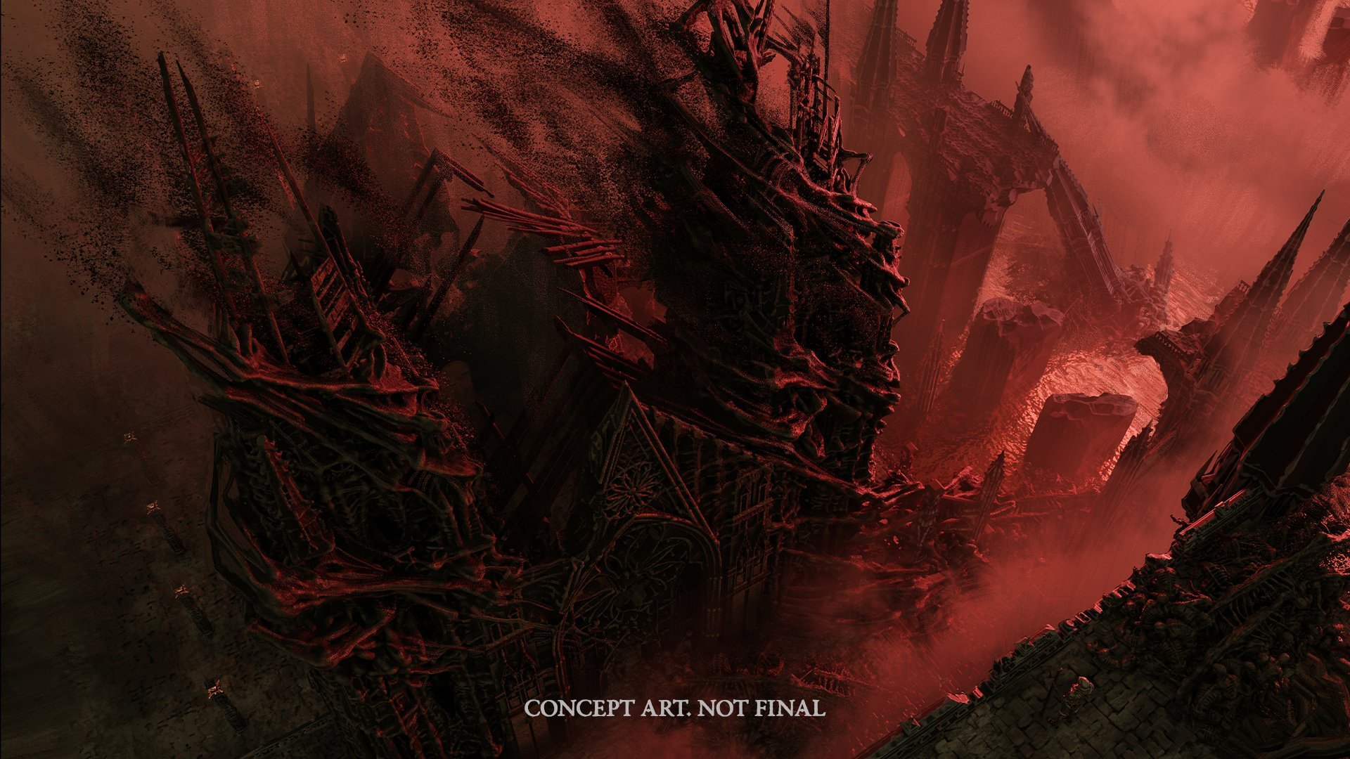 Diablo V concept art: a warped cathedral with spiked towers bathed in red hellish light
