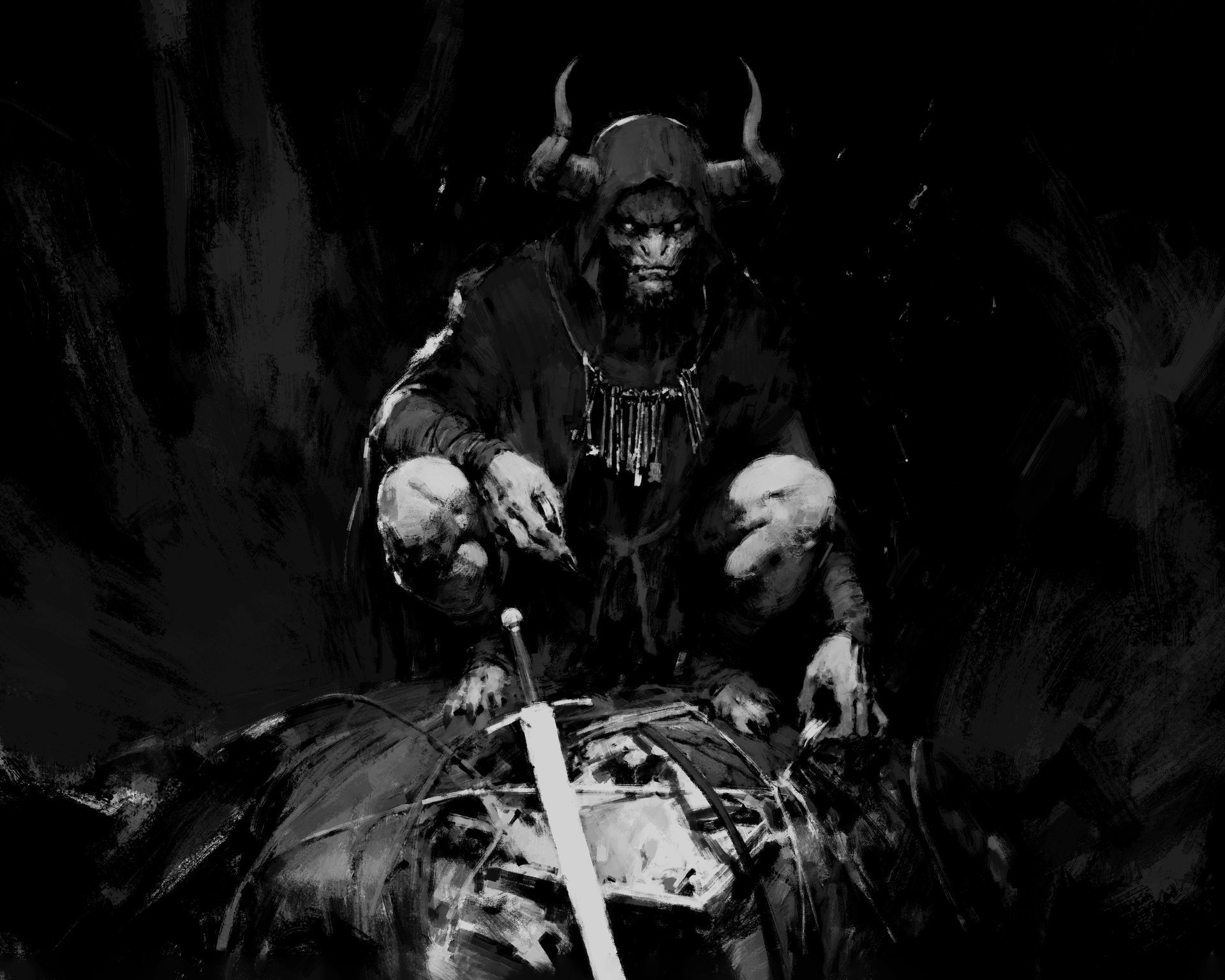 Diablo V concept art: a horned, hooded Treasure Goblin with a necklace of keys crouches over a sack of loot and a sword