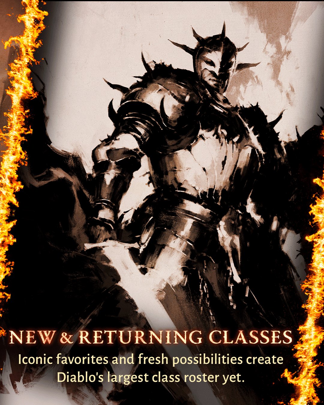 Diablo V sketch of a knight in spiked armor, titled "New & returning classes"