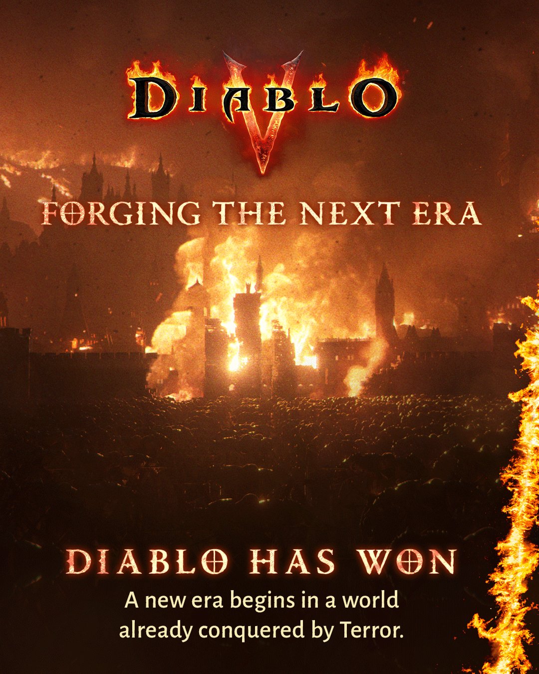 Diablo V panel graphic "Forging the Next Era" with a burning city and the line "Diablo has won"