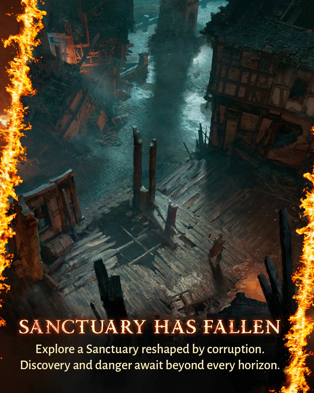 Diablo V concept graphic: ruined alley with collapsed timber houses, titled "Sanctuary has fallen"