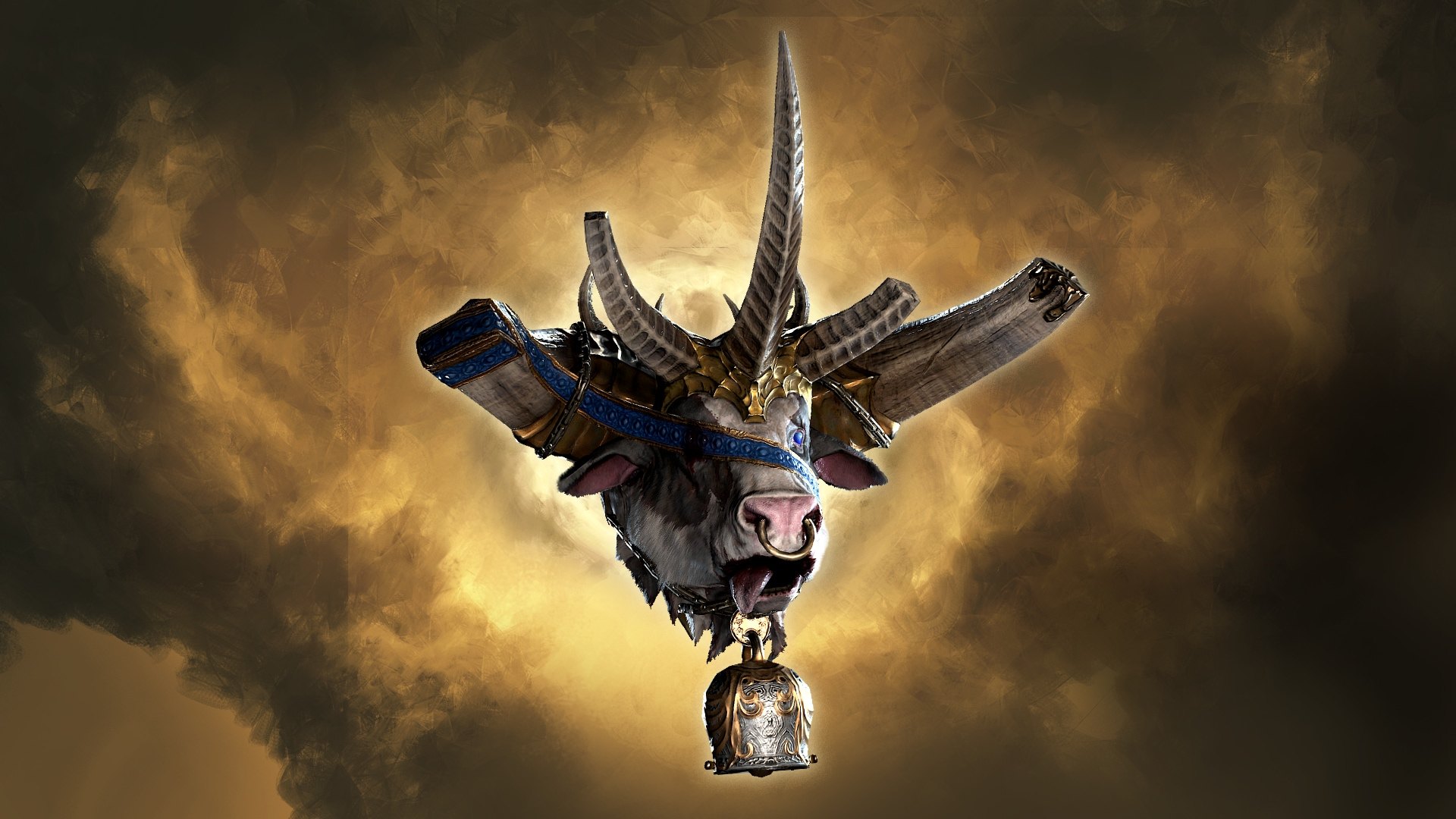 Moophisto, The Divine Bovine: a cattle head with massive horns, golden brow ornament, blue harness, nose ring and cowbell in front of golden smoke
