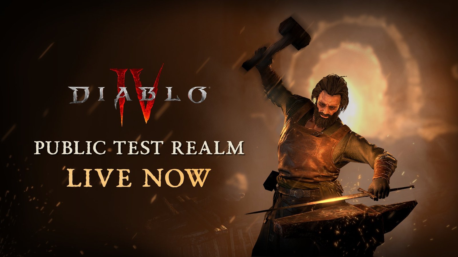 Diablo IV, Public Test Realm, Live Now: Ein Schmied schlägt mit dem Hammer auf ein glühendes Schwert auf seinem Amboss