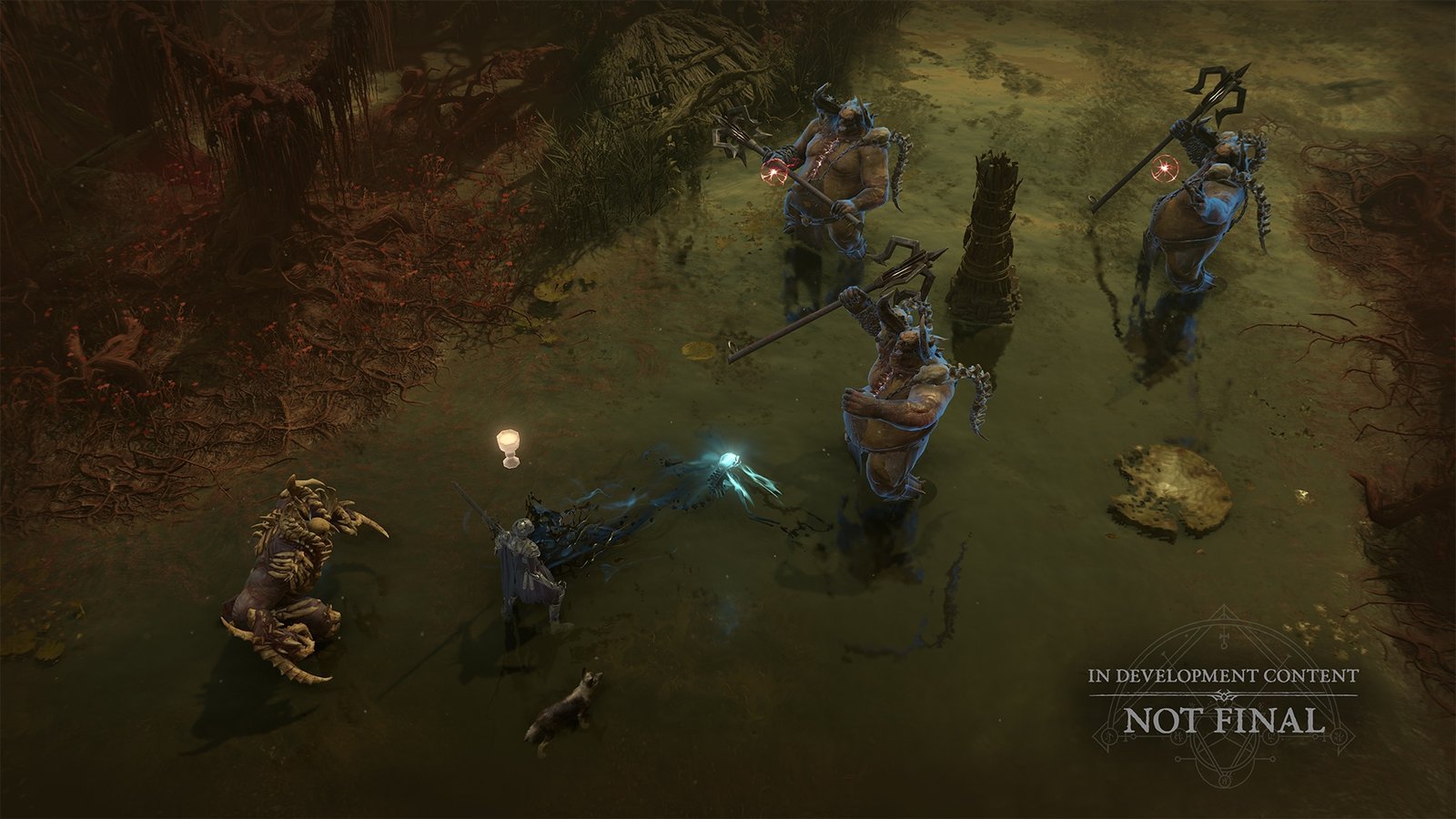Character surrounded by several demons in a swamp
