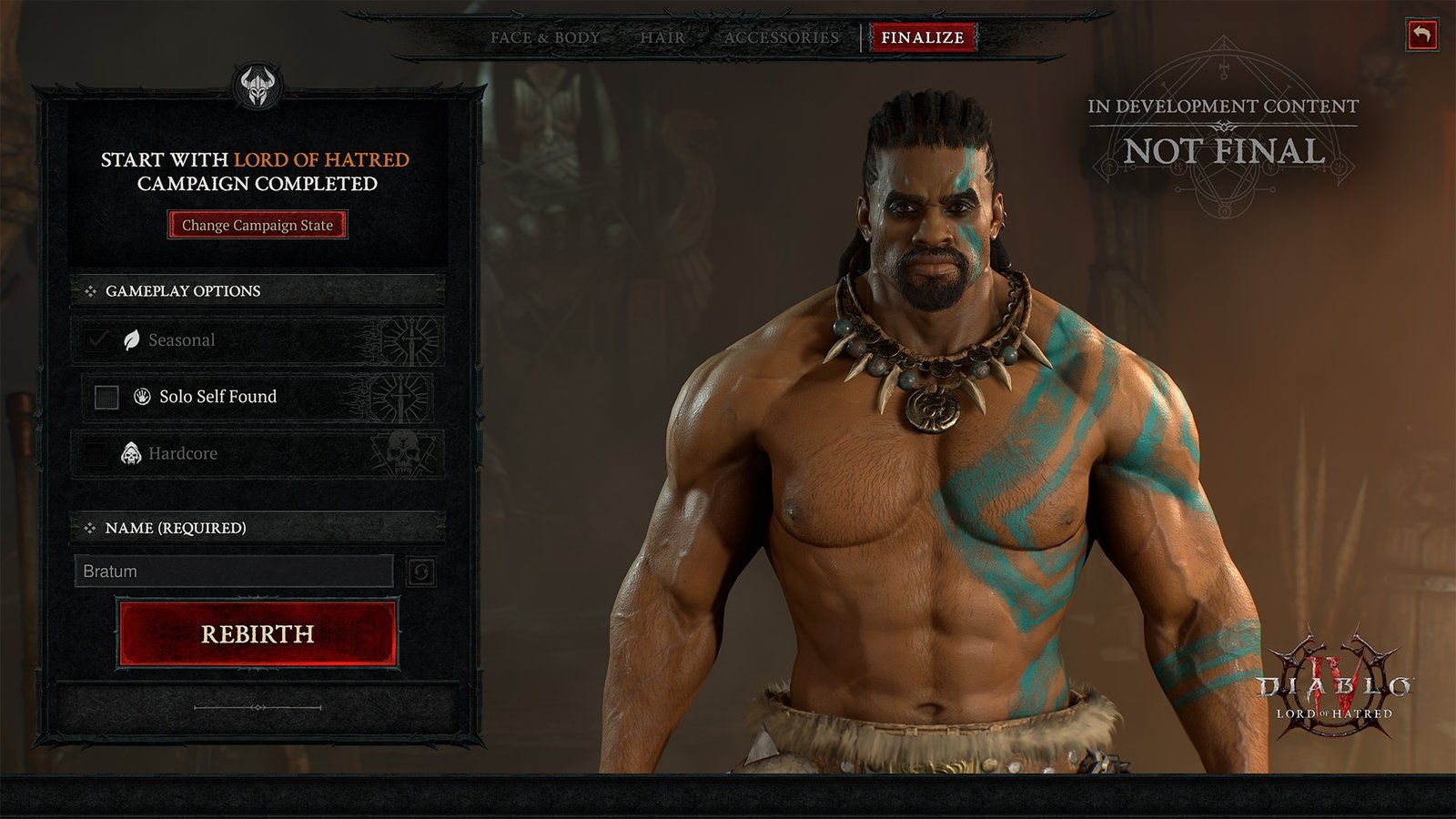 Character creation screen showing the Rebirth button with Seasonal, Solo Self Found and Hardcore options
