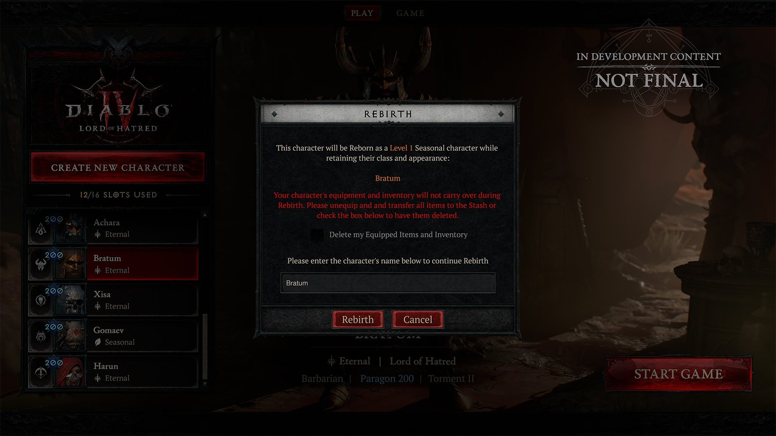 Rebirth confirmation dialog warning that equipment and inventory will not carry over