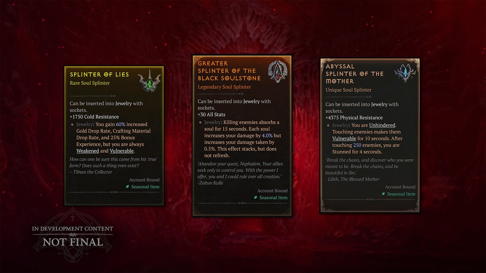 Preview of three Soul Splinters: Splinter of Lies, Splinter of the Black Soulstone and Splinter of the Mother