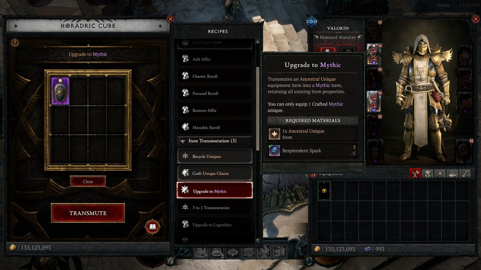The Upgrade to Mythic recipe in the Diablo 4 Horadric Cube with a Resplendent Spark as material