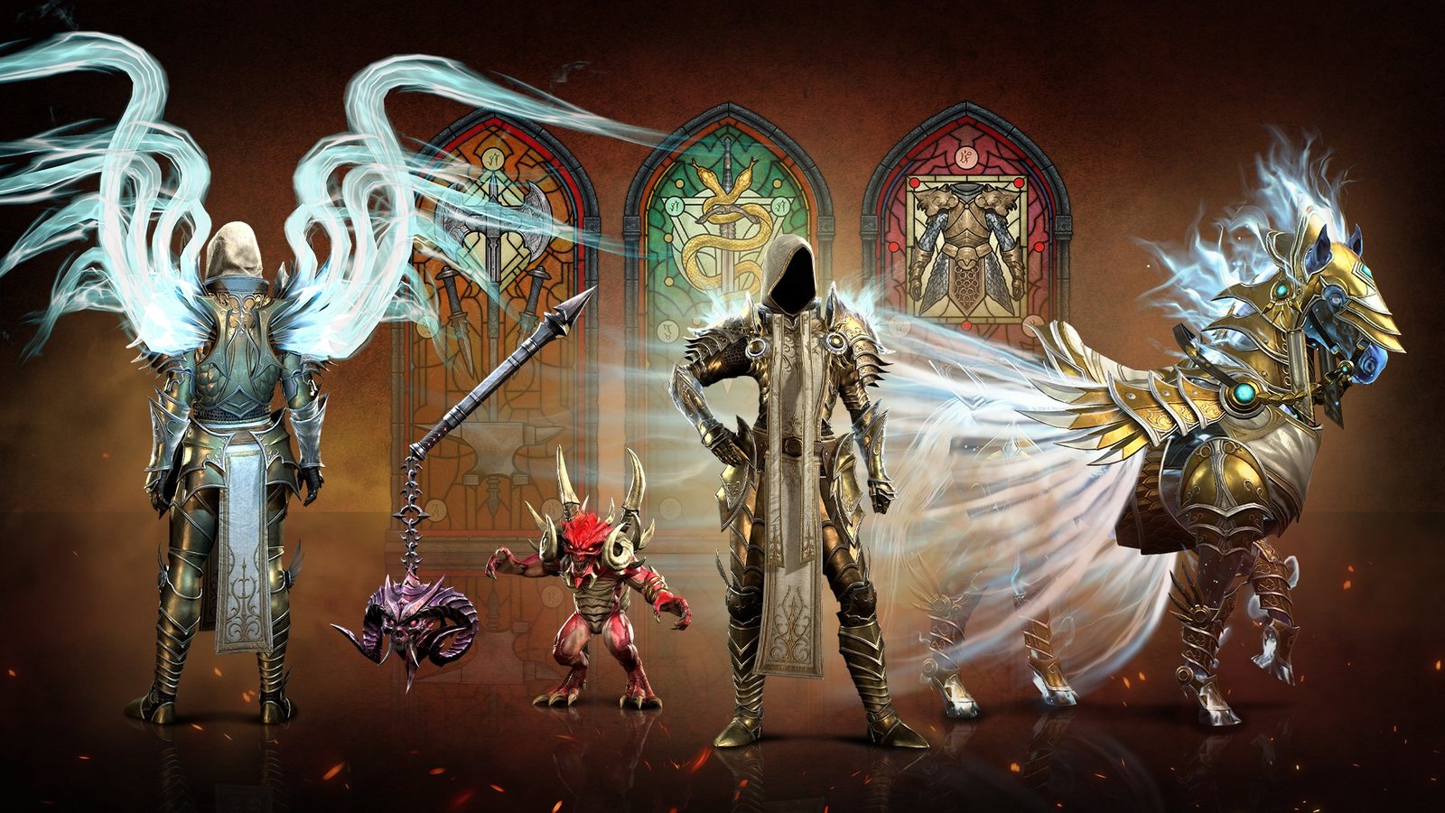Battle-Pass-Rüstungen der Saison des Höllenerbes: Erzengel-Set, Gefährte Kleiner Herr des Schreckens und das Reittier Eidolon vor Kirchenfenstern