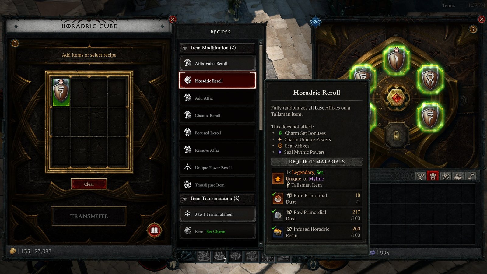 Das Rezept „Horadrisch neu auswürfeln“ im Horadrimwürfel von Diablo 4: würfelt alle Basis-Affixe eines Talisman-Gegenstands neu