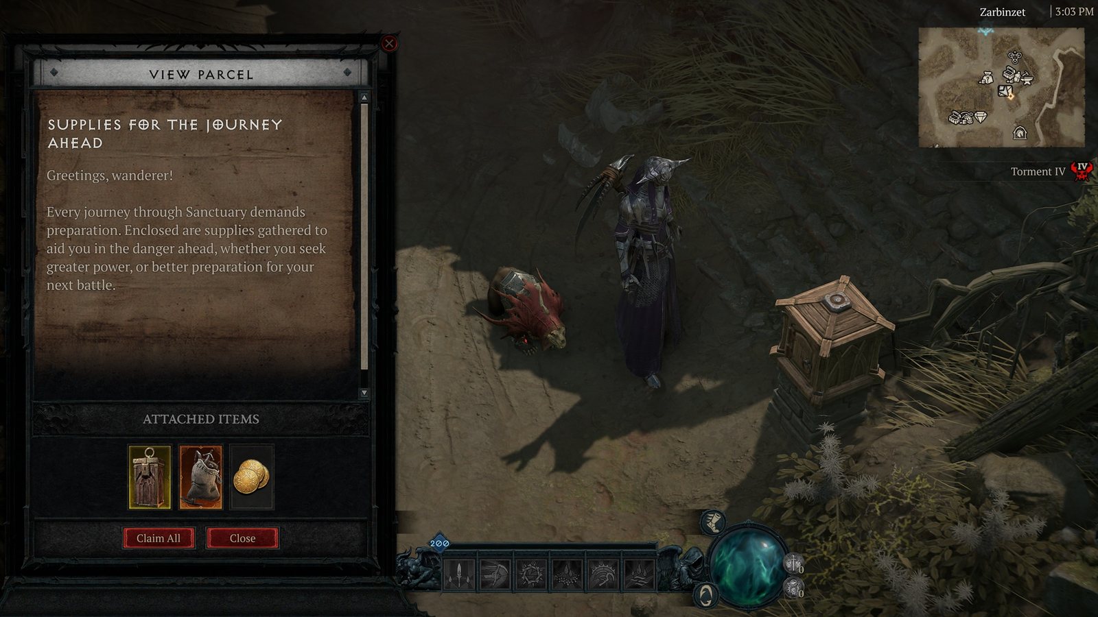 Horadrische Post in Diablo 4: Das Fenster „Paket ansehen“ mit angehängten Vorräten für die Reise
