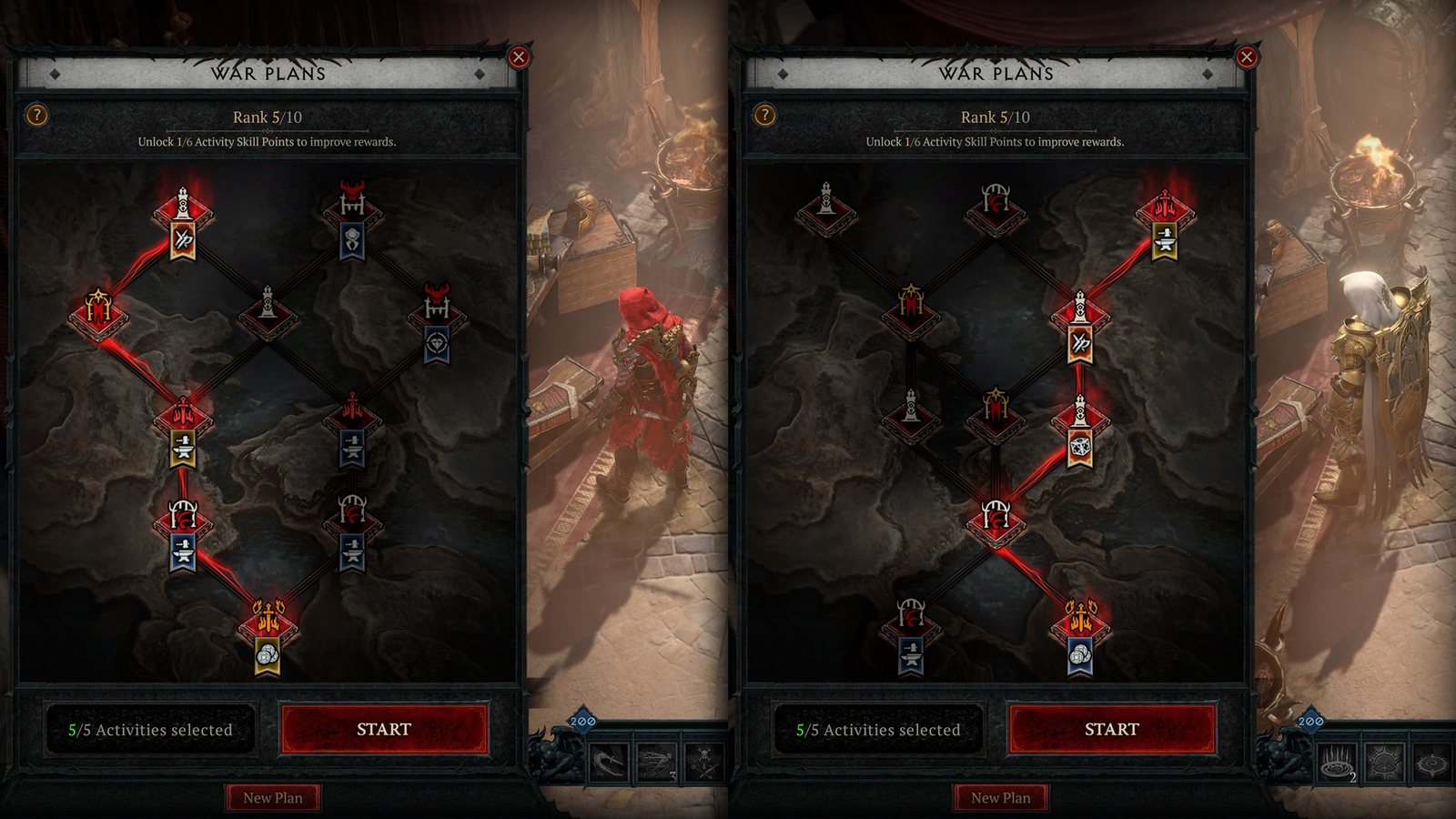 Two War Plan windows side by side in Diablo 4: progress is shared between characters from Season 15 on