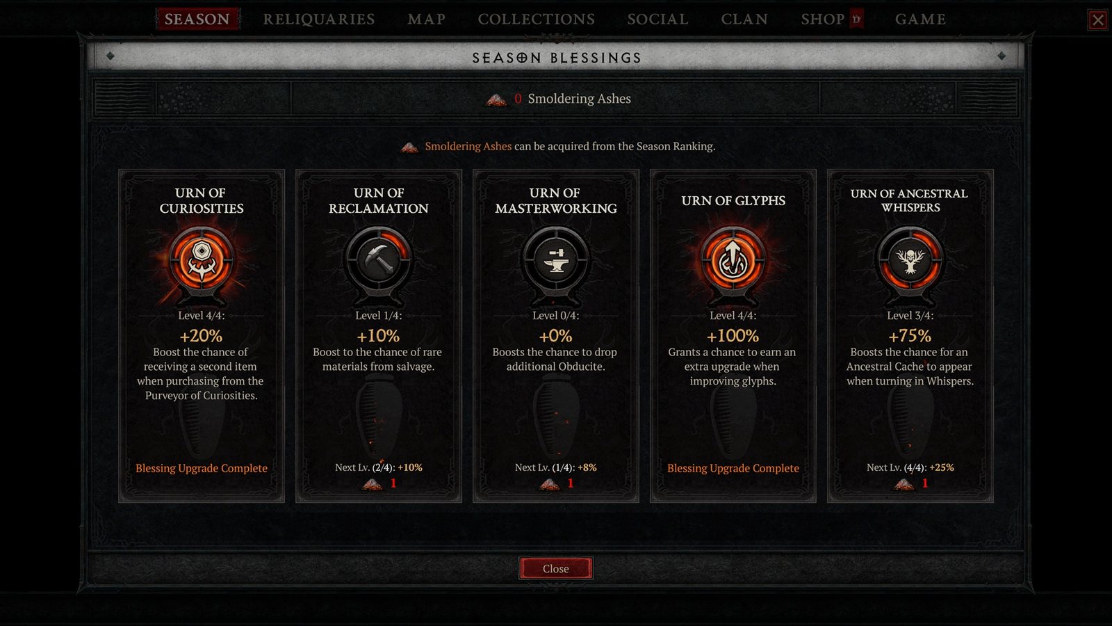 The five Season Blessings of Season 15 in the Season Blessings window: Urn of Curiosities, Reclamation, Masterworking, Glyphs and Ancestral Whispers